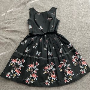 Hell Bunny black butterfly pattern tea length dress with pockets size M